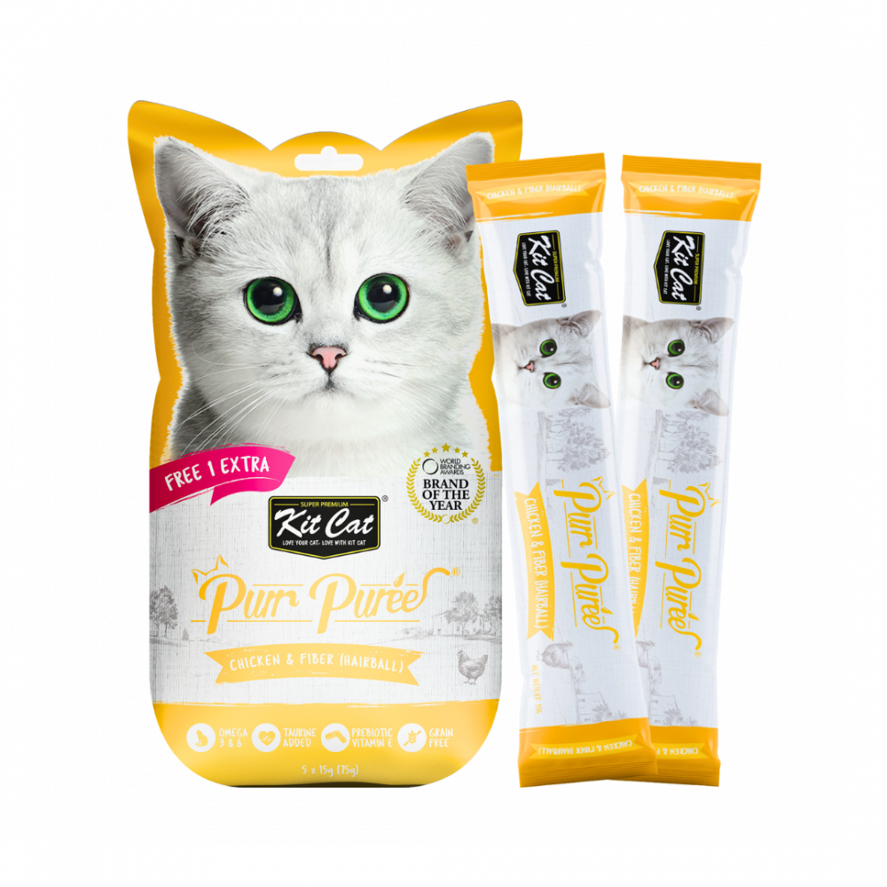 Kit Cat Purr Puree Liquid Treats for Cat – Chicken & Fiber (Hairball) (15gx5 Sticks)