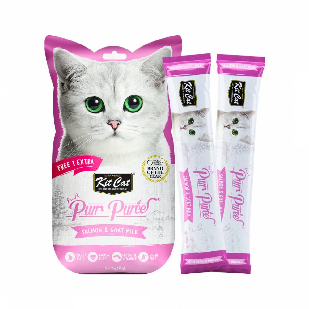 Kit Cat Purr Puree Liquid Treats for Cat – Salmon & Goat Milk (15gx5 Sticks)