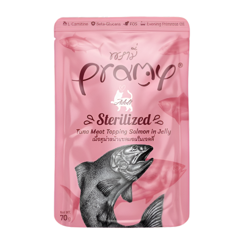 Pramy Adult Sterilized Tuna Meat Topping Salmon In Jelly Recipe 70g Pouch