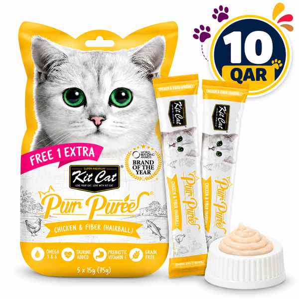 Kit Cat Purr Puree Liquid Treats for Cat – Chicken & Fiber (Hairball) (15gx5 Sticks)