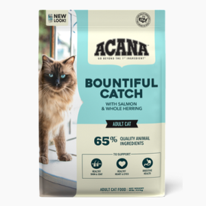 Front view of 4.5 kg Acana Bountiful Catch adult cat dry food bag with salmon and herring
