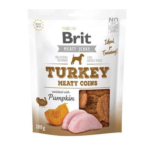 Brit Turkey Meaty Coins dog treats in 200g resealable bag, grain-free with real turkey and chicken for sensitive stomachs
