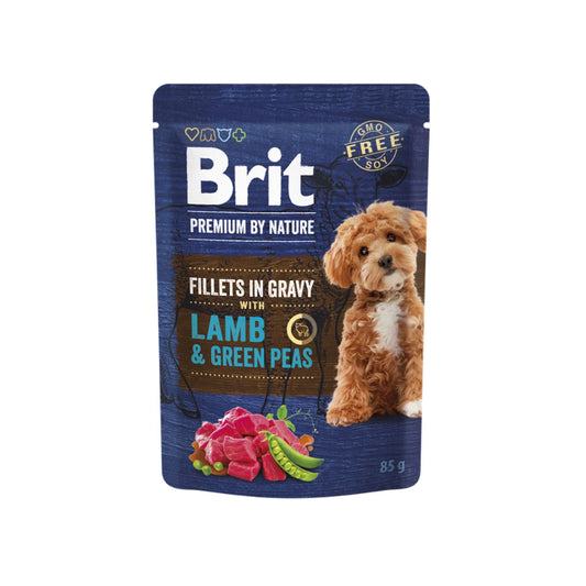 Brit Premium by Nature wet dog food pouch with lamb and green peas, 85g hypoallergenic fillets in gravy for adult dogs