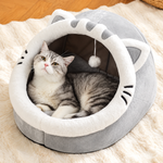 Grey Cat-Shaped Plush Cave Bed with Pom-Pom Toy