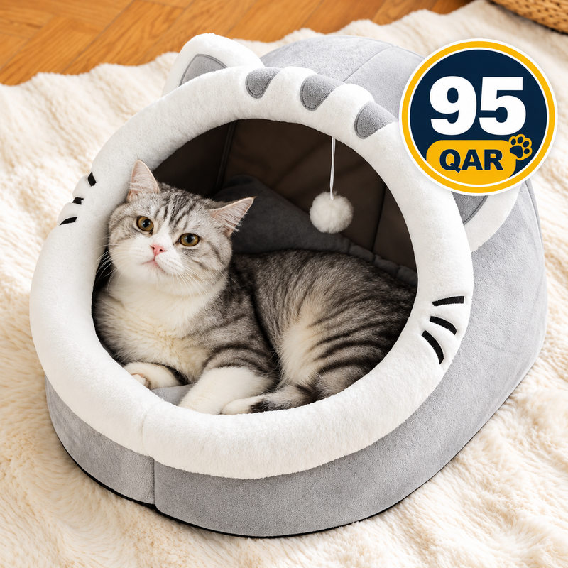 Grey Cat-Shaped Plush Cave Bed with Pom-Pom Toy