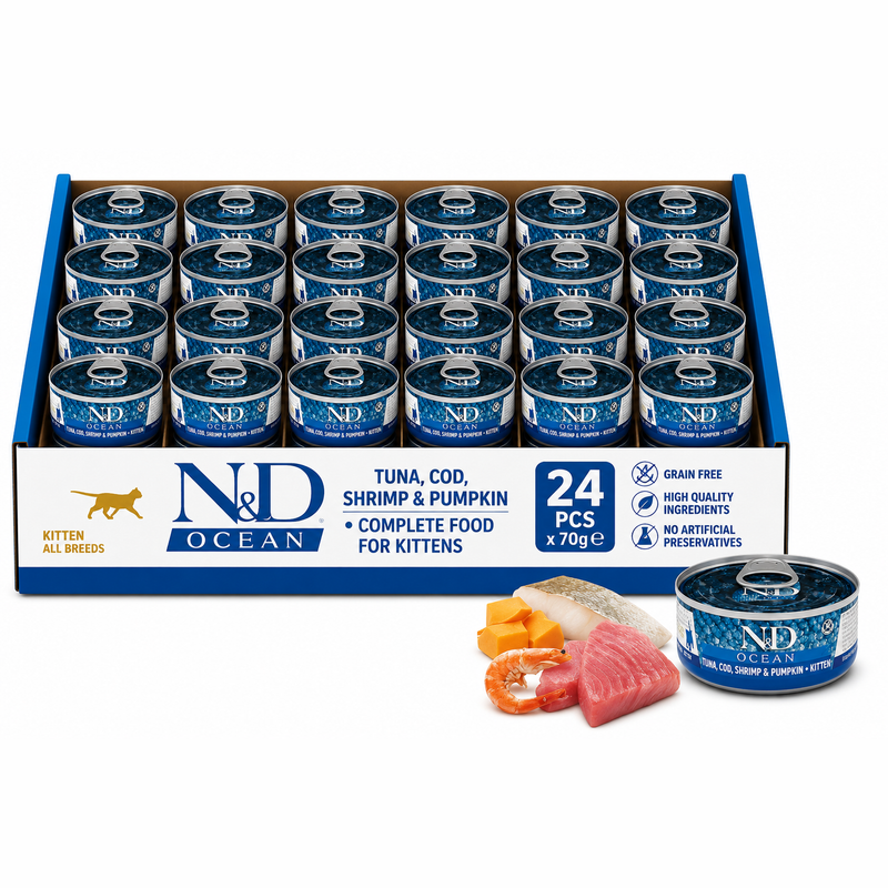 FARMINA N&D CAT OCEAN TUNA, COD SHRIMP & PUMPKIN KITTEN 70gx24pcs