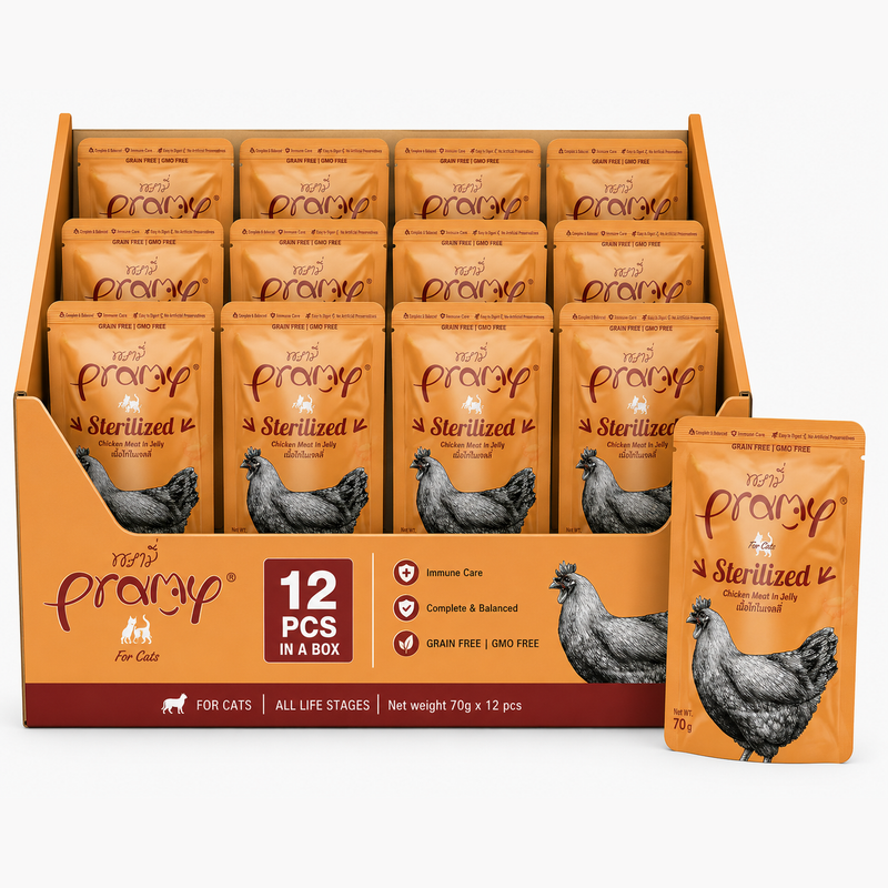 Pramy Sterilized Cat Wet Food For Adult Cats With Chicken In Jelly 70gx12pcs