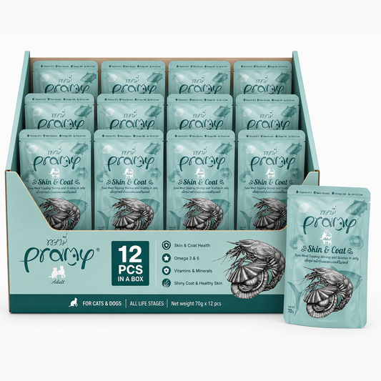 Pramy Skin & Coat Tuna topping Shrimp and Scallop in Jelly Recipe 70gx12pcs