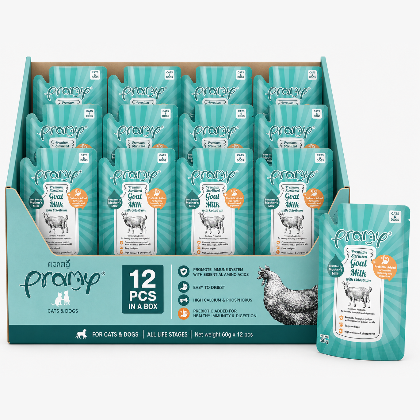 Pramy Premium Goat Milk with Colostrum with Postbiotic for Cats & Dogs 60gmx12pcs