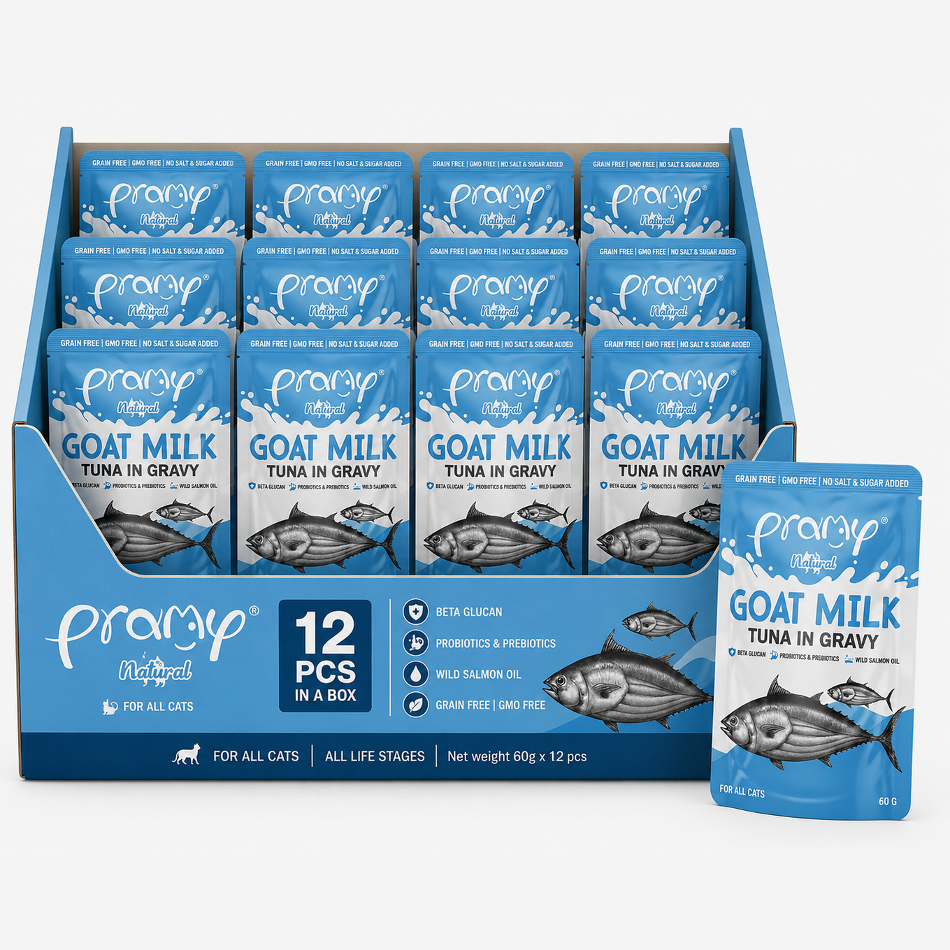 Pramy Premium Goat Milk Pouch with Tuna in Gravy 60gx12pcs