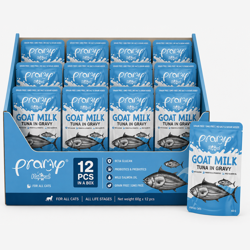 Pramy Premium Goat Milk Pouch with Tuna in Gravy 60gx12pcs