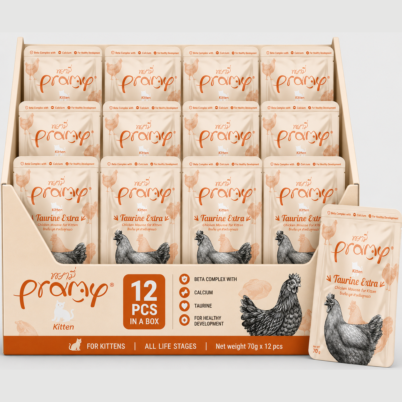 Pramy Extra Taurine Chicken Mousse for Kitten 70gx12pcs