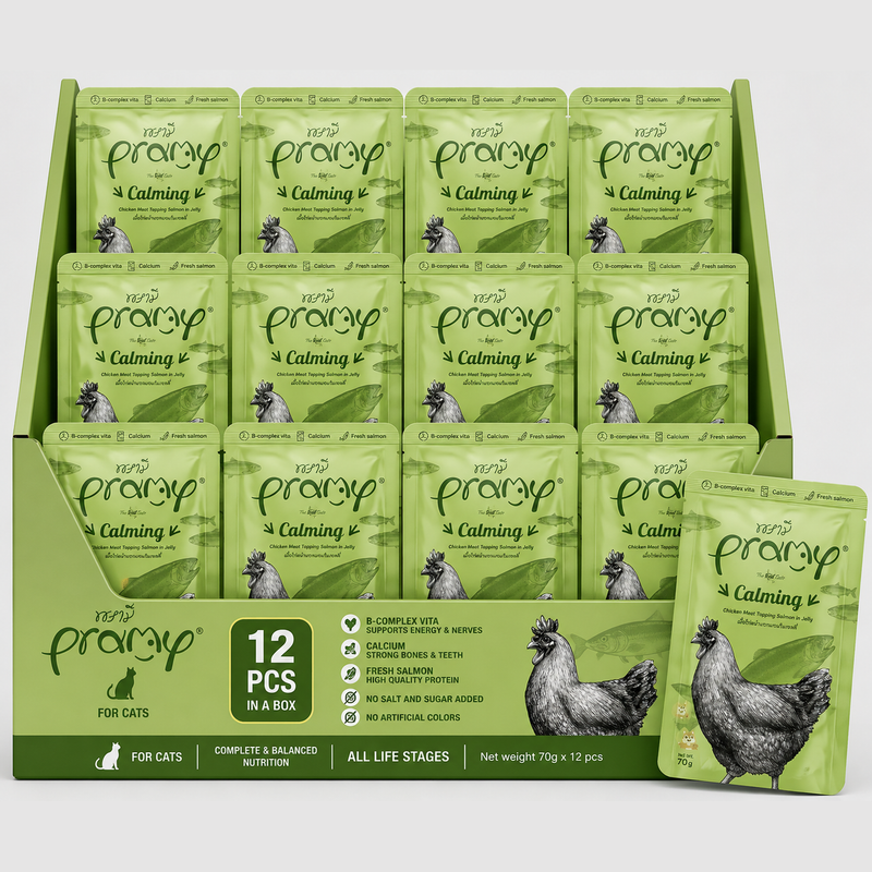 Pramy Calming Pouch Chicken Meat Topping Salmon In Jelly For Adult 70gx12pcs