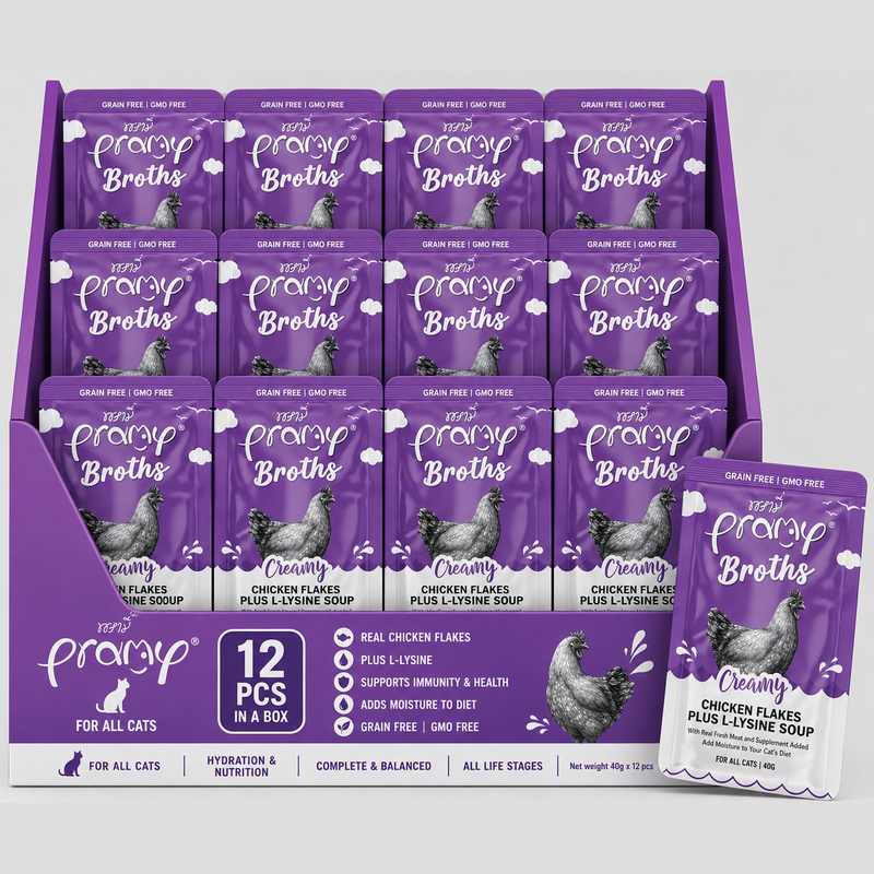 Pramy Broths Creamy Chicken Flakes Plus L-Lysine Soup 40gx12pcs