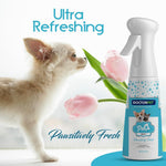 Chihuahua puppy with Doctor Pet ultra refreshing pet deodorizer spray