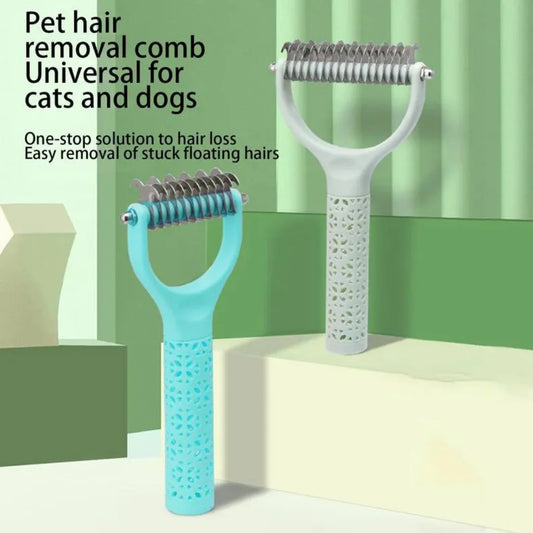 Cyan and white ergonomic pet deshedding combs with stainless steel teeth