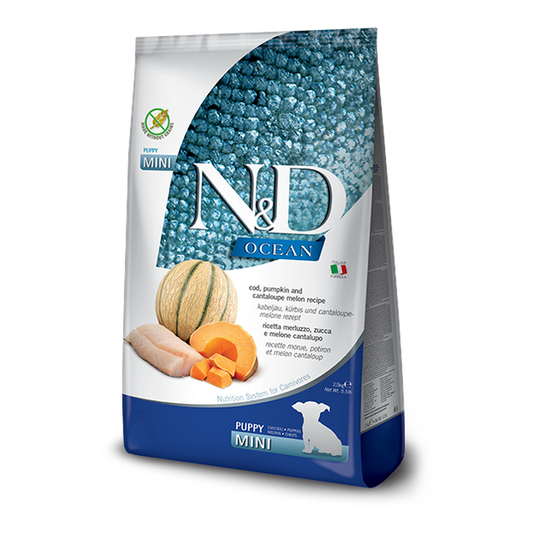 Farmina N&D Ocean Puppy MINI dry dog food, cod and cantaloupe recipe, no grains, 2.5kg bag