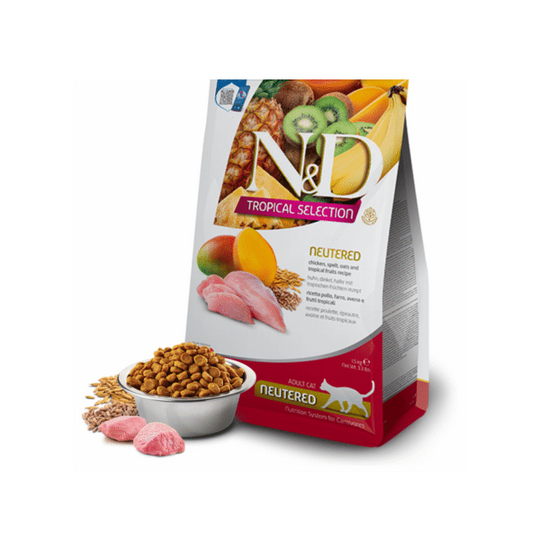Farmina N&D tropical Neutered Adult Cat Food – Chicken, Spelt, Oats & Tropical Fruits,10kg.