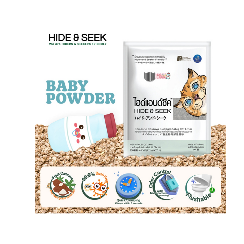 Hide & Seek Premium Cassava Biodegradable Cat Litter Baby Powder 6L