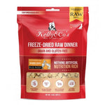 Kelly & Co's Salmon & Duck freeze-dried raw dog food pouch with transparent window showing pellets