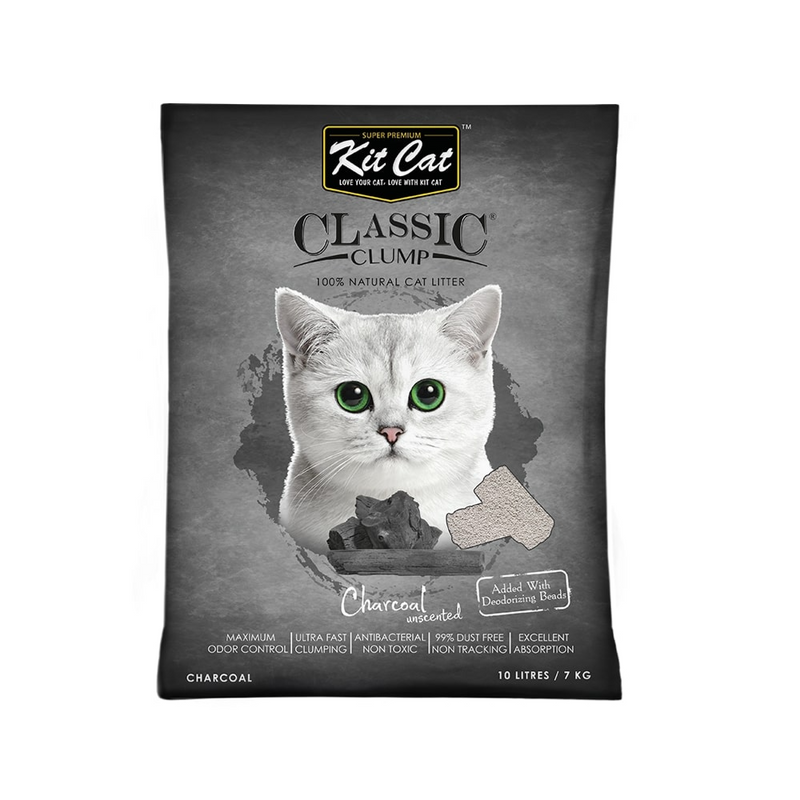 Kit Cat Classic Clump Charcoal Cat Litter 10L bag with deodorizing beads and charcoal formula