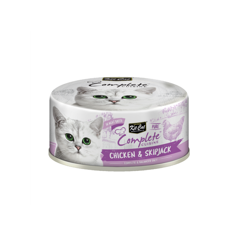 Kit Cat Complete Cuisine chicken and skipjack wet cat food can in meat broth