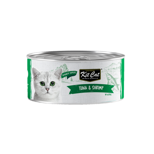 Kit Cat deboned tuna and shrimp cat food topper can with pull-tab lid