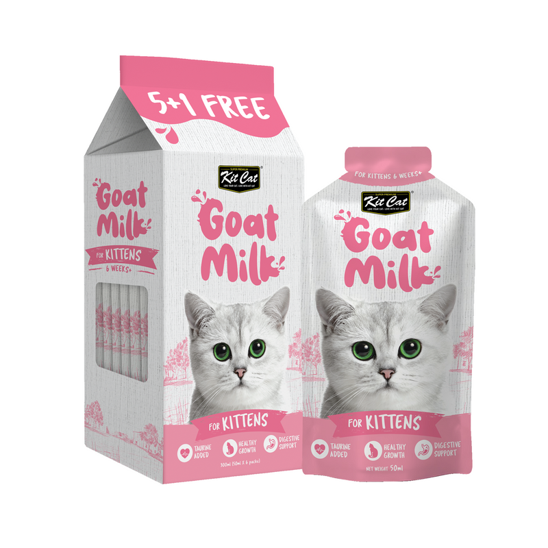 Kit Cat goat milk for kittens packaging showing 50ml pouches and box with kitten image