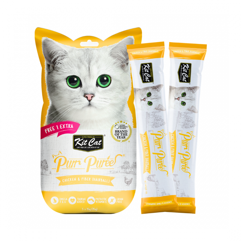 Kit Cat Purr Puree Liquid Treats for Cat – Chicken & Fiber (Hairball) (15gx5 Sticks)