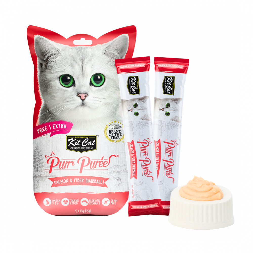 Kit Cat Purr Puree Liquid Treats for Cat – Salmon & Fiber (Hairball) (15gx5 Sticks)
