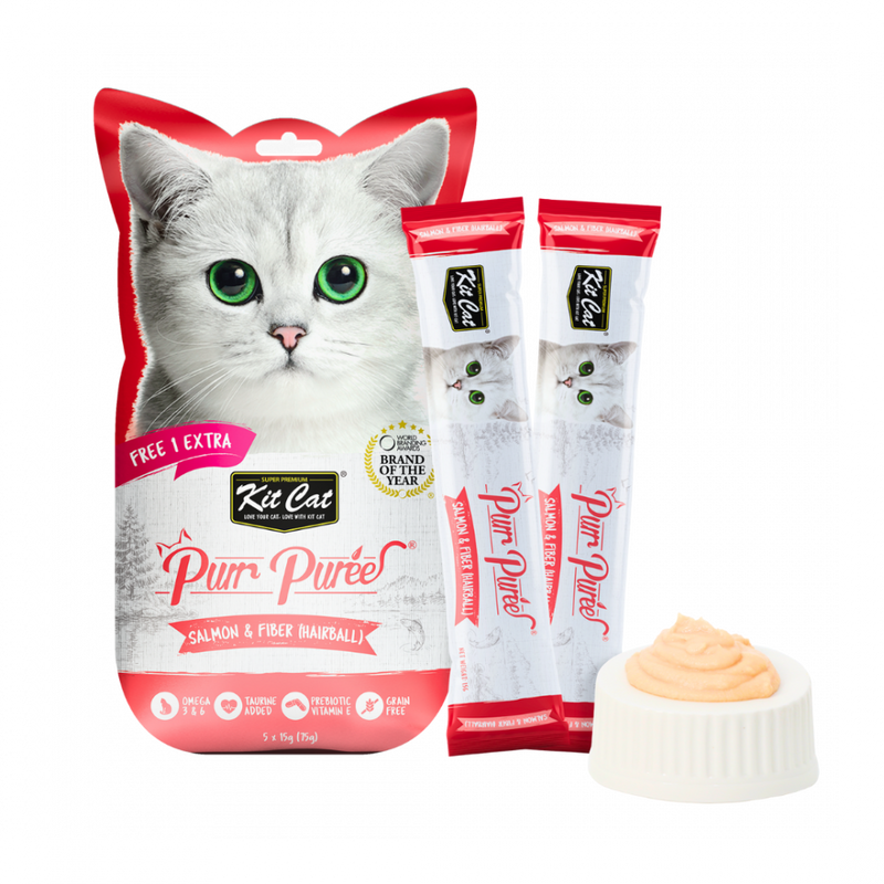 Kit Cat Purr Puree Liquid Treats for Cat – Salmon & Fiber (Hairball) (15gx5 Sticks)