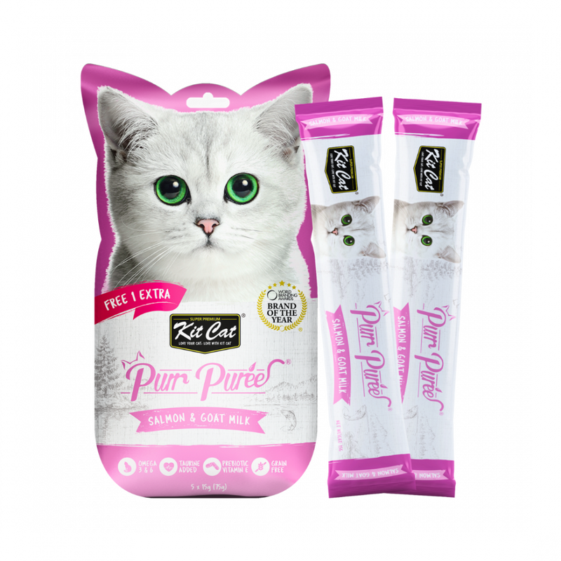 Kit Cat Purr Puree Liquid Treats for Cat – Salmon & Goat Milk (15gx5 Sticks)
