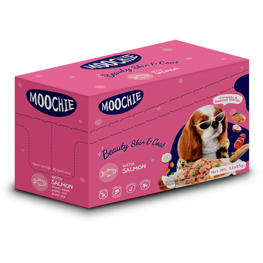 Moochie CASSEROLE WITH SALMON (BEAUTY SKIN ) 12x85g Pouchs — (12x4) x 85g(48Pouchs)
