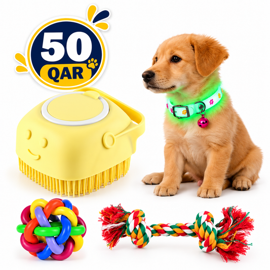 4-in-1 Dog Care & Toy Bundle – Grooming Brush, LED Collar & Interactive Toys