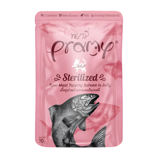 Pramy Sterilized Cat Topping pouch with tuna and salmon in jelly