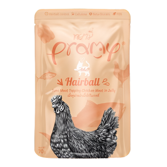 Single 70g pouch of Pramy Hairball Tuna topping Chicken in Jelly wet cat food
