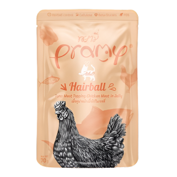 Single 70g pouch of Pramy Hairball Tuna topping Chicken in Jelly wet cat food