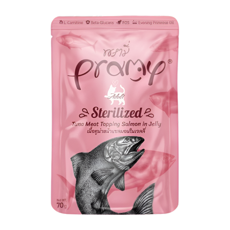 Pramy Adult Sterilized Tuna Meat Topping Salmon In Jelly Recipe 70g Pouch