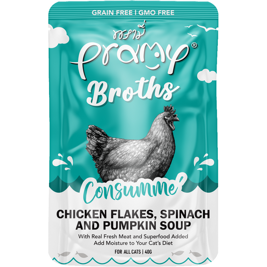 Pramy Broths Consumme Chicken Flakes, Spinach & Pumpkin Soup 40g Pouch