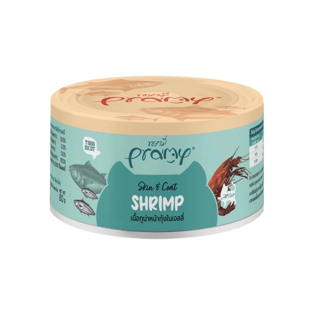 Pramy SKIN & COAT TUNA TOPPING SHRIMP RECIPE IN CAN 80Gx24pcs