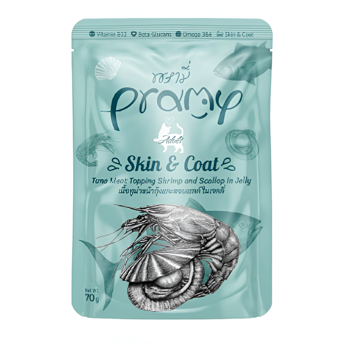 Pramy Skin & Coat Tuna topping Shrimp and Scallop in Jelly Recipe 70g Pouch