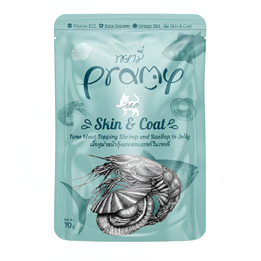 Pramy Skin & Coat Tuna topping Shrimp and Scallop in Jelly Recipe 70g Pouch