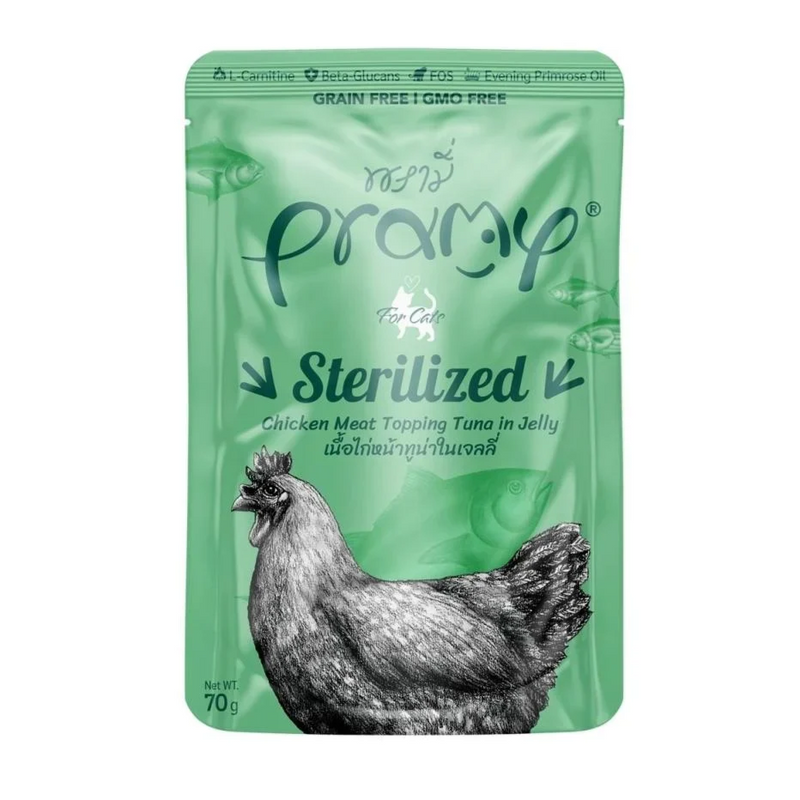 Pramy Sterilized Cat Food With Chicken Meat Topping& Tuna In Jelly 70g Pouch