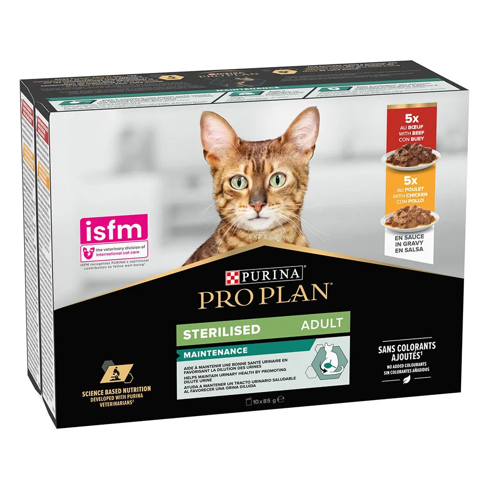 Purina Pro Plan Sterilised Adult Wet Cat Food, Chicken and Beef, mix-flavor pack, 10 x 85g Box