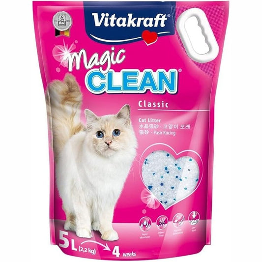 Vitakraft Magic Clean Classic cat litter pouch with heart-shaped window showing white granules and blue dots