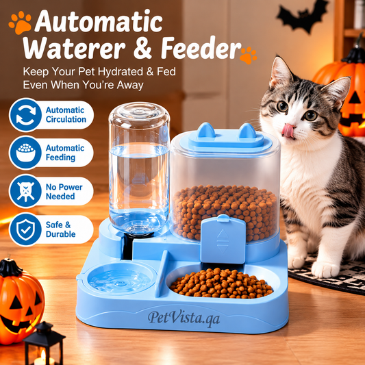 Automatic Feeder with Dual Bowls – blue,  Feeding Dispenser, Drinking Feeder