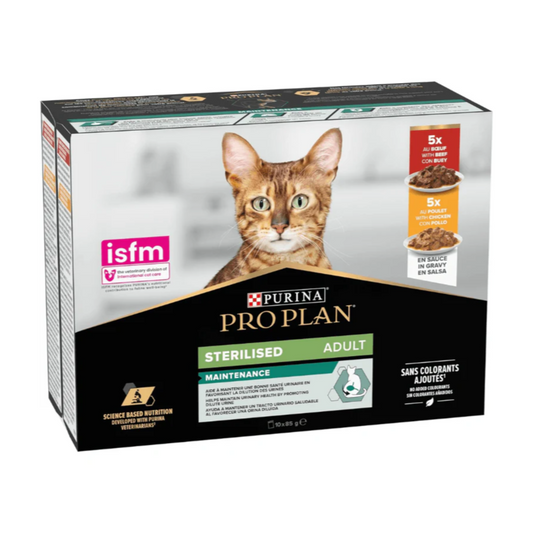 Purina Pro Plan Sterilized Adult Wet Cat Food, Chicken and Beef, mix flavor pack, 10 x 85g