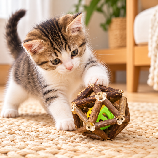 Interactive Wooden Cat Toy Ball with Bell