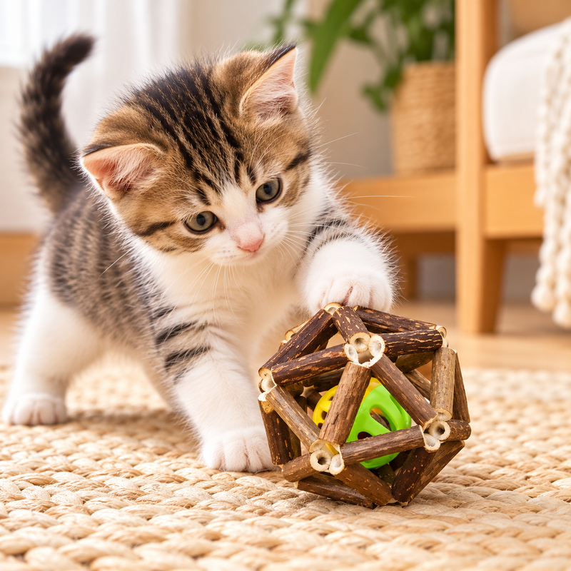 Interactive Wooden Cat Toy Ball with Bell