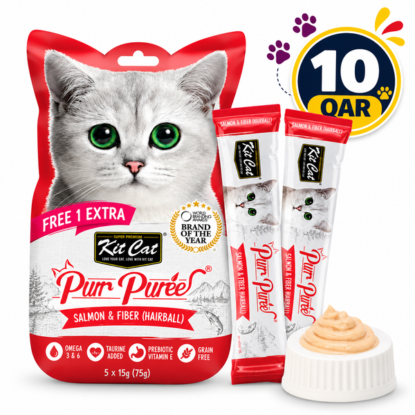 Kit Cat Purr Puree Liquid Treats for Cat – Salmon & Fiber (Hairball) (15gx5 Sticks)